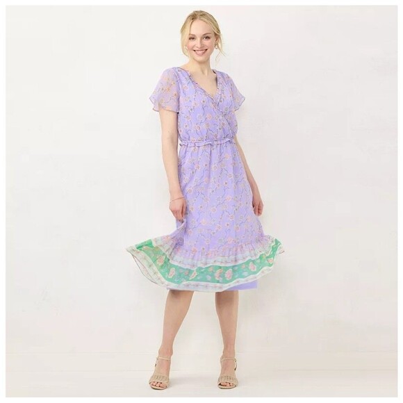 Women's LC Lauren Conrad Flutter Sleeve Faux-Wrap Dress Midi Floral Purple XXL - Picture 1 of 5